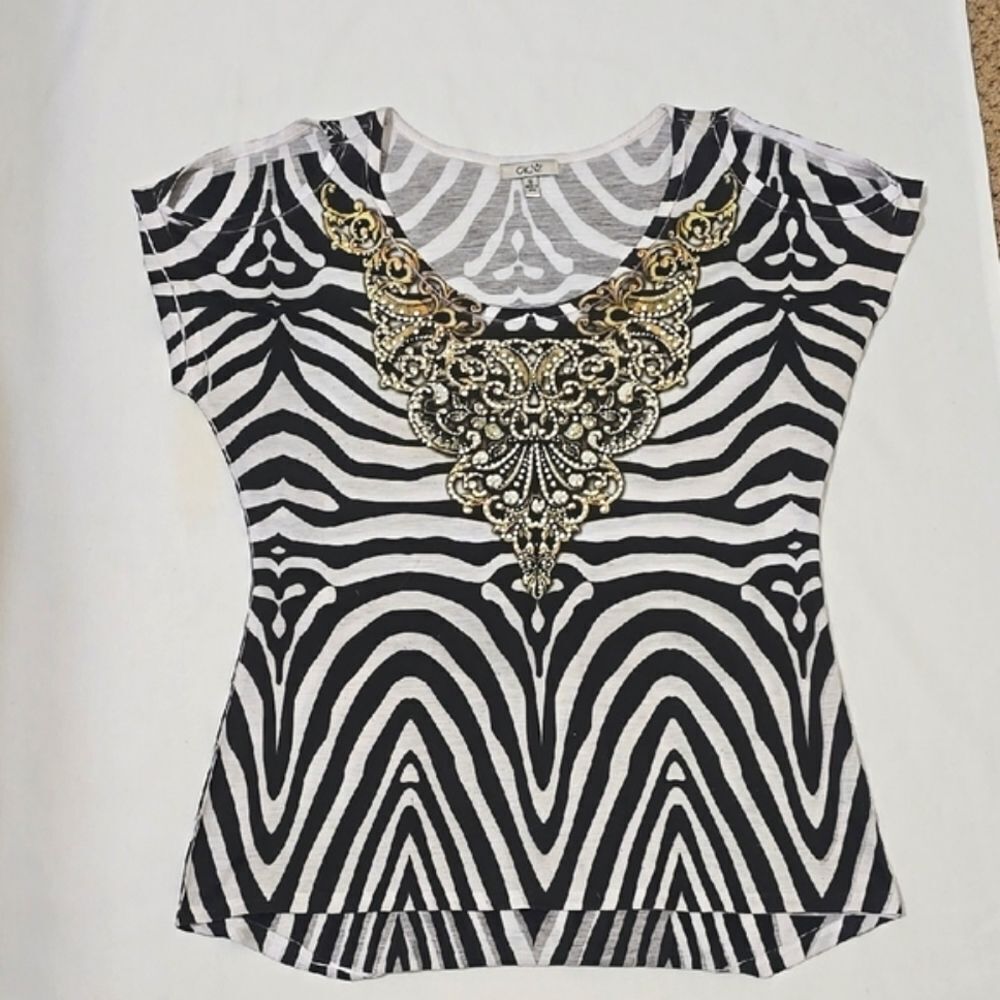 Cache Embellished Black and White Cap Sleeve‎ Blouse S